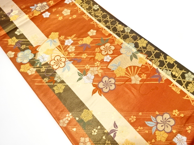 扇に捻じり梅・籠目模様織り出し　袋帯